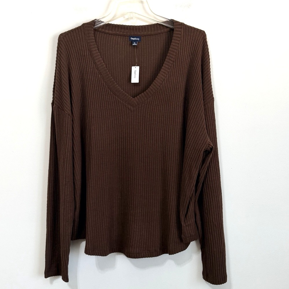 Gap Body Pajama Top Shirt XL Brown V Neck Soft Ribbed Long Sleeve Sleep NEW